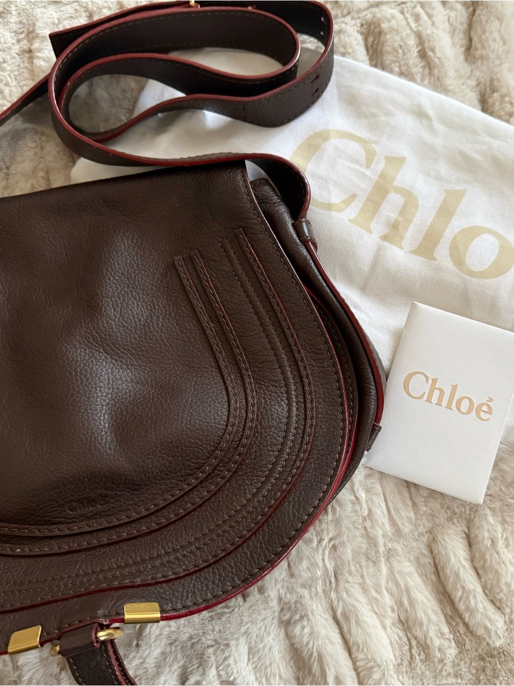 Chloe Marcie Saddle Medium Bag in Enigmatic Brown,EUC